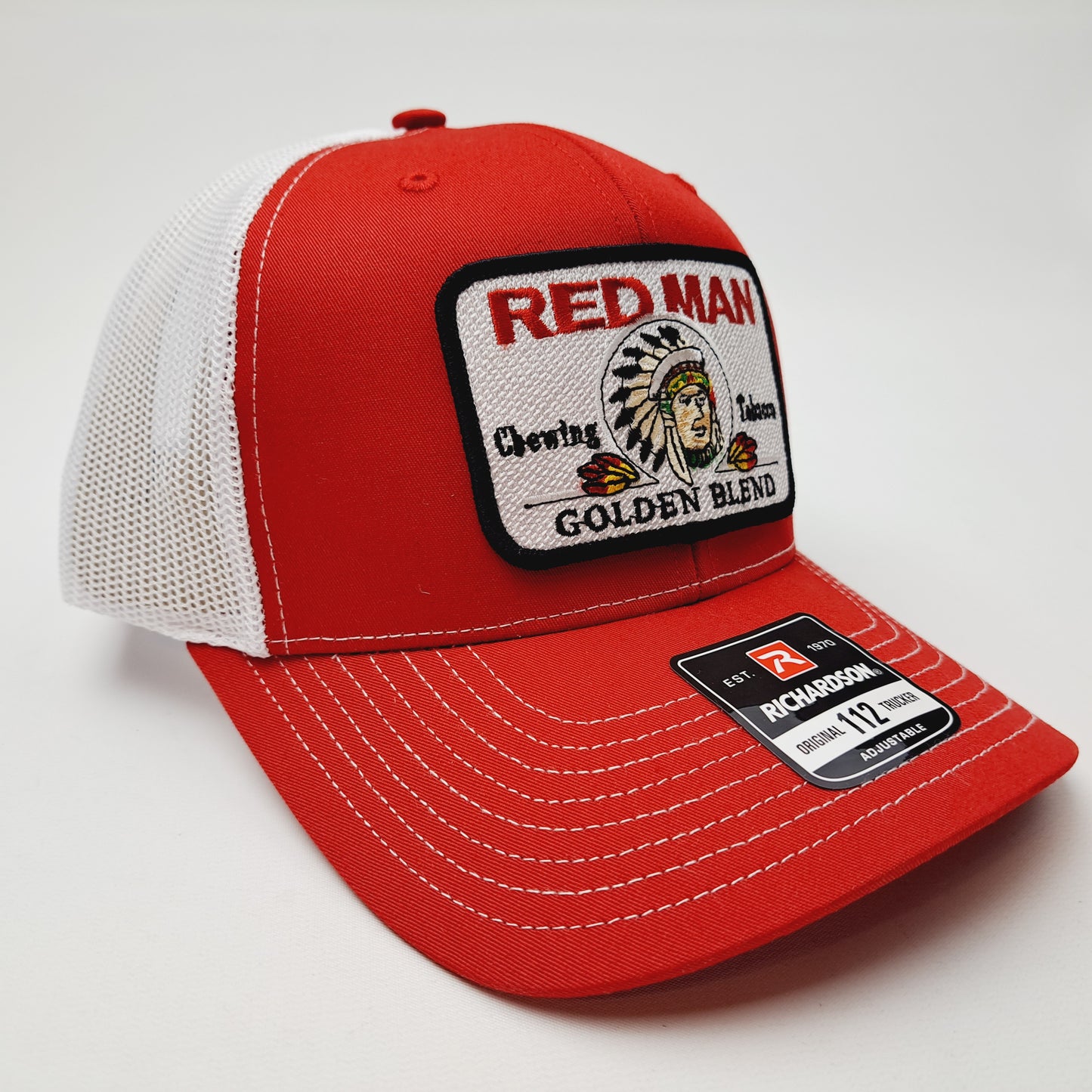 Redman Red Man Embroidered Patch Richardson 112 Trucker Mesh Snapback Cap Hat Red & White