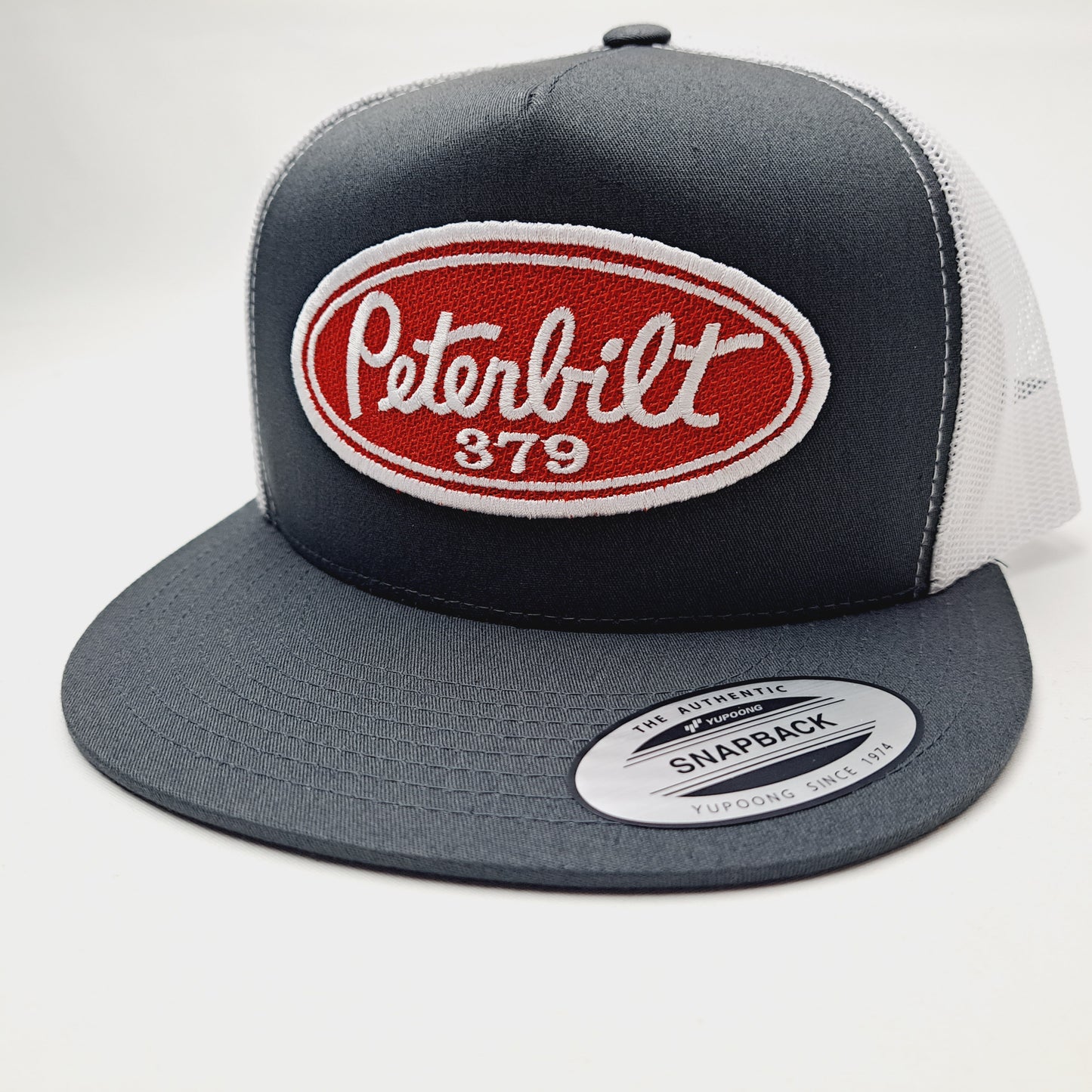 Peterbilt 379 Vintage Patch Flat Bill Trucker Mesh Snapback Hat Cap Gray & White