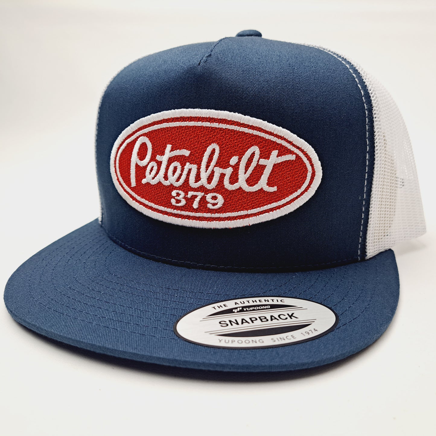 Peterbilt 379 Vintage Patch Flat Bill Trucker Mesh Snapback Hat Cap Blue & White