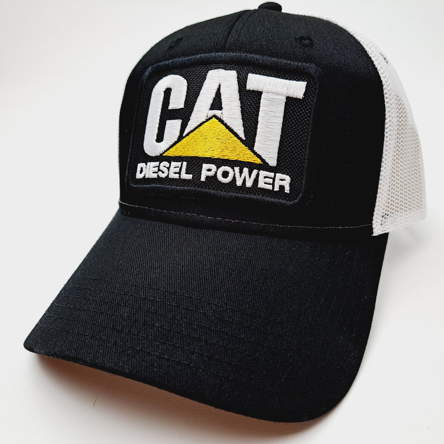 Cat Diesel Hat Embroidered Patch Black Mesh Snapback Low Profile Cap Black & White