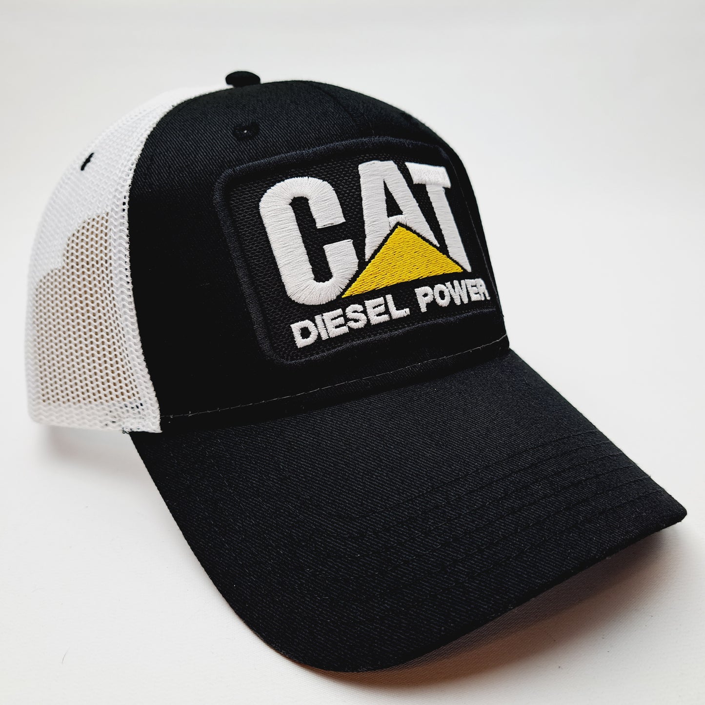 Cat Diesel Hat Embroidered Patch Black Mesh Snapback Low Profile Cap Black & White