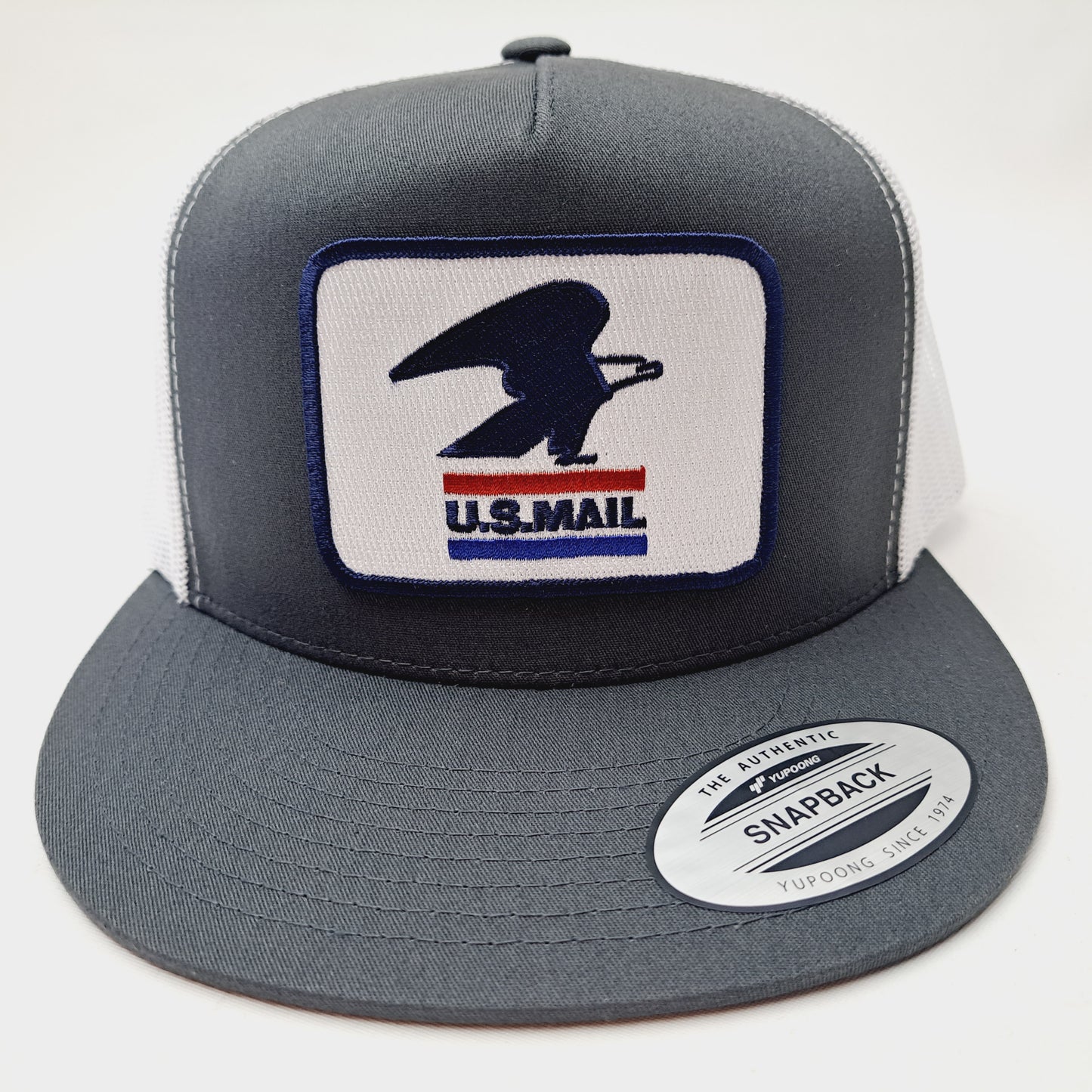 United States Postal Service Post Office Flat Bill Mesh Snapback Cap Hat Gray & White Yupoong Embroidered Patch