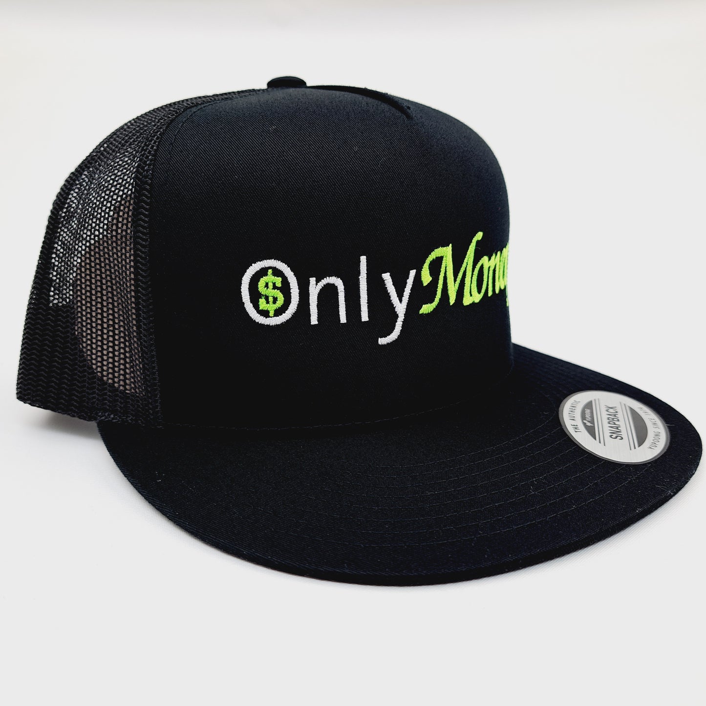 Only Money Embroidered Flat Bill Trucker Mesh Snapback Cap