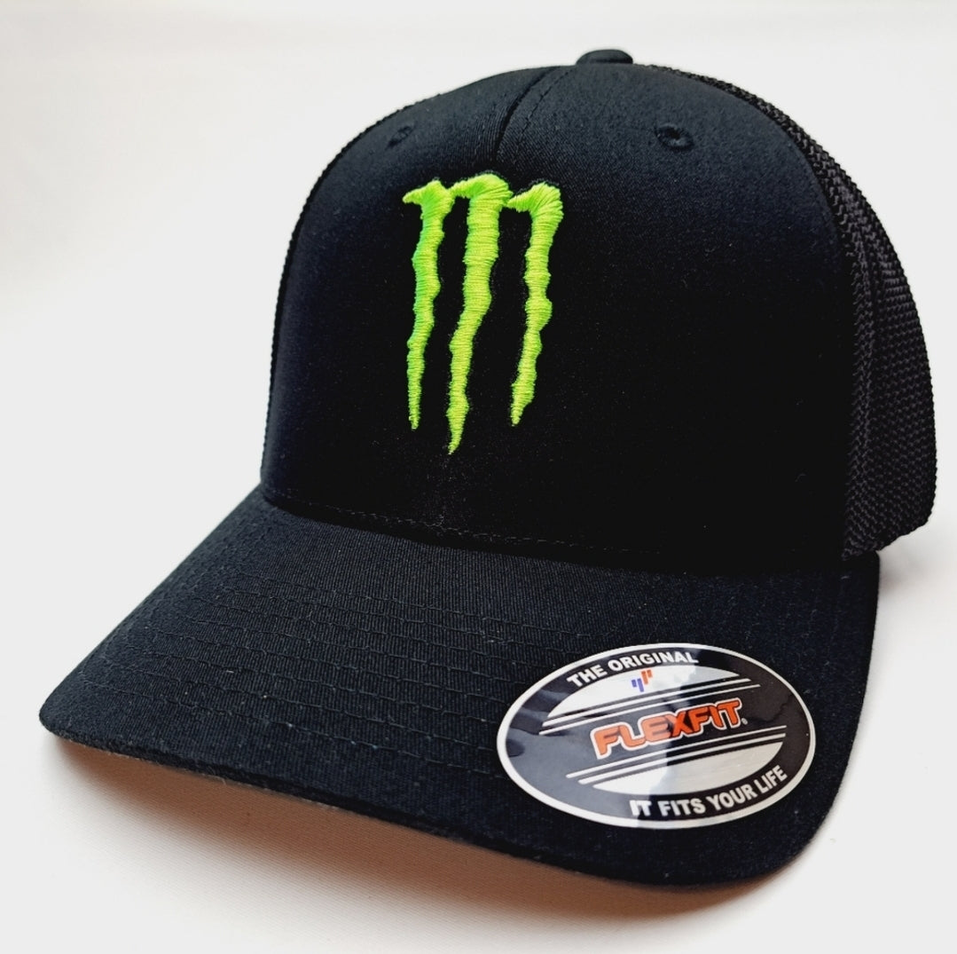 Monster Energy Embroidered Mesh Flexfit Fitted Trucker Black One Size Fits Most