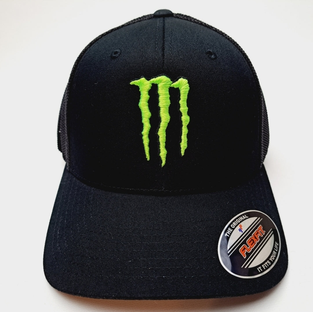 Monster Energy Embroidered Mesh Flexfit Fitted Trucker Black One Size Fits Most