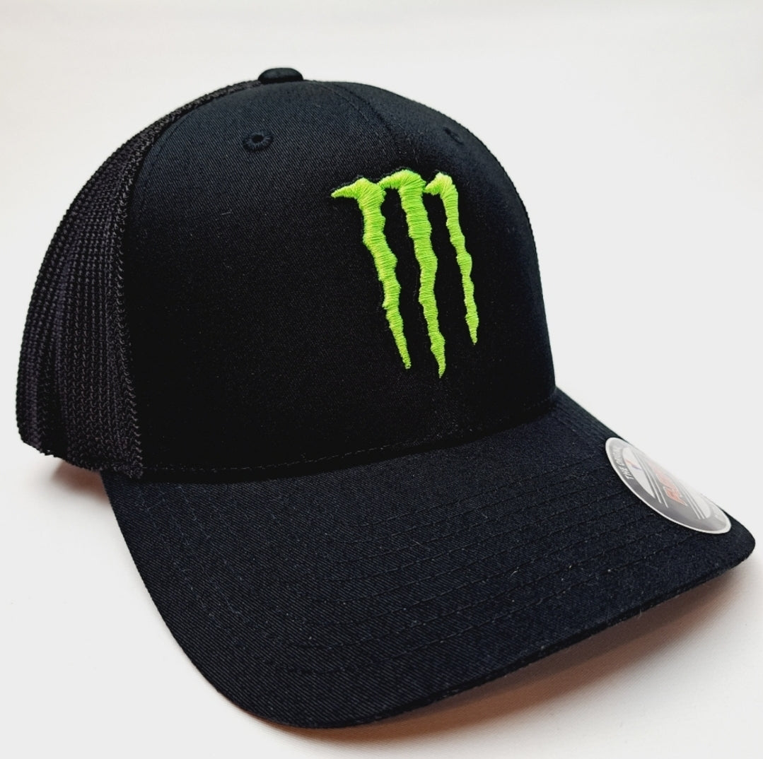 Monster Energy Embroidered Mesh Flexfit Fitted Trucker Black One Size Fits Most