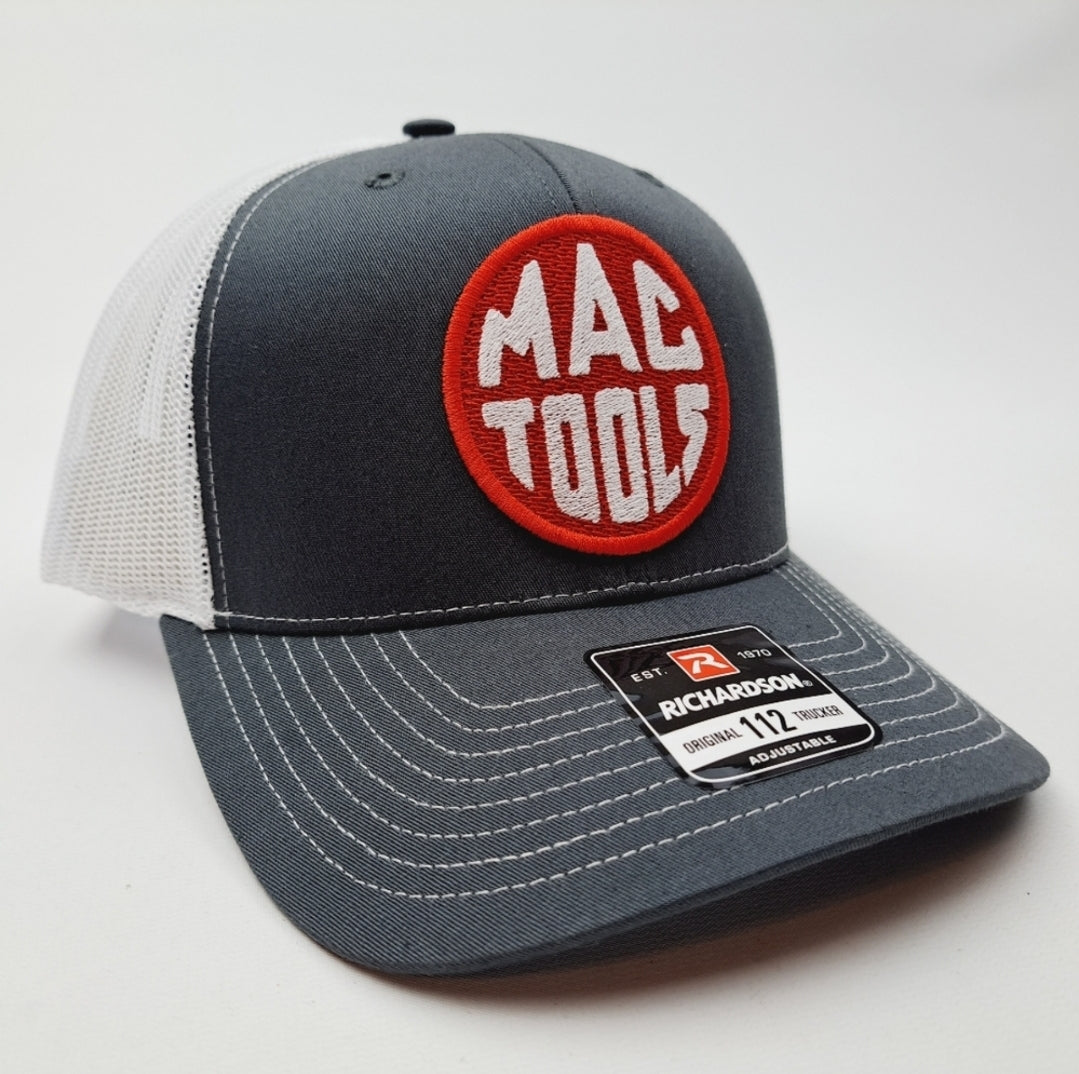 Mac Tools Richardson 112 Trucker Mesh Snapback Cap Hat Curved Brim Embroidered Patch Gray & white