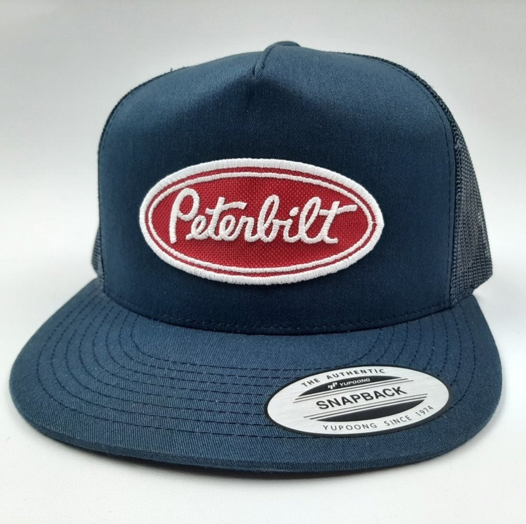 Peterbilt Patch Flat Bill Trucker Mesh Snapback Hat Cap Navy Blue