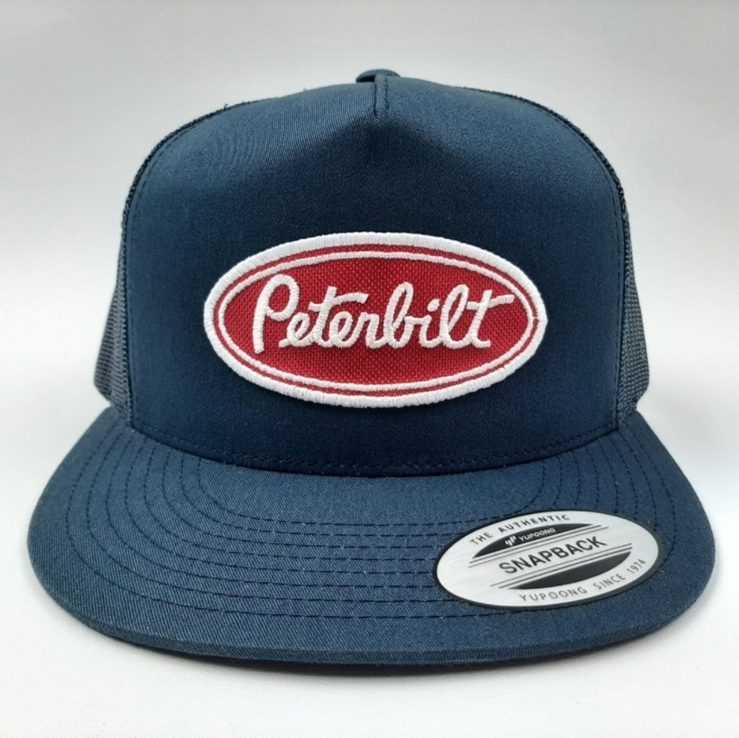 Peterbilt Patch Flat Bill Trucker Mesh Snapback Hat Cap Navy Blue