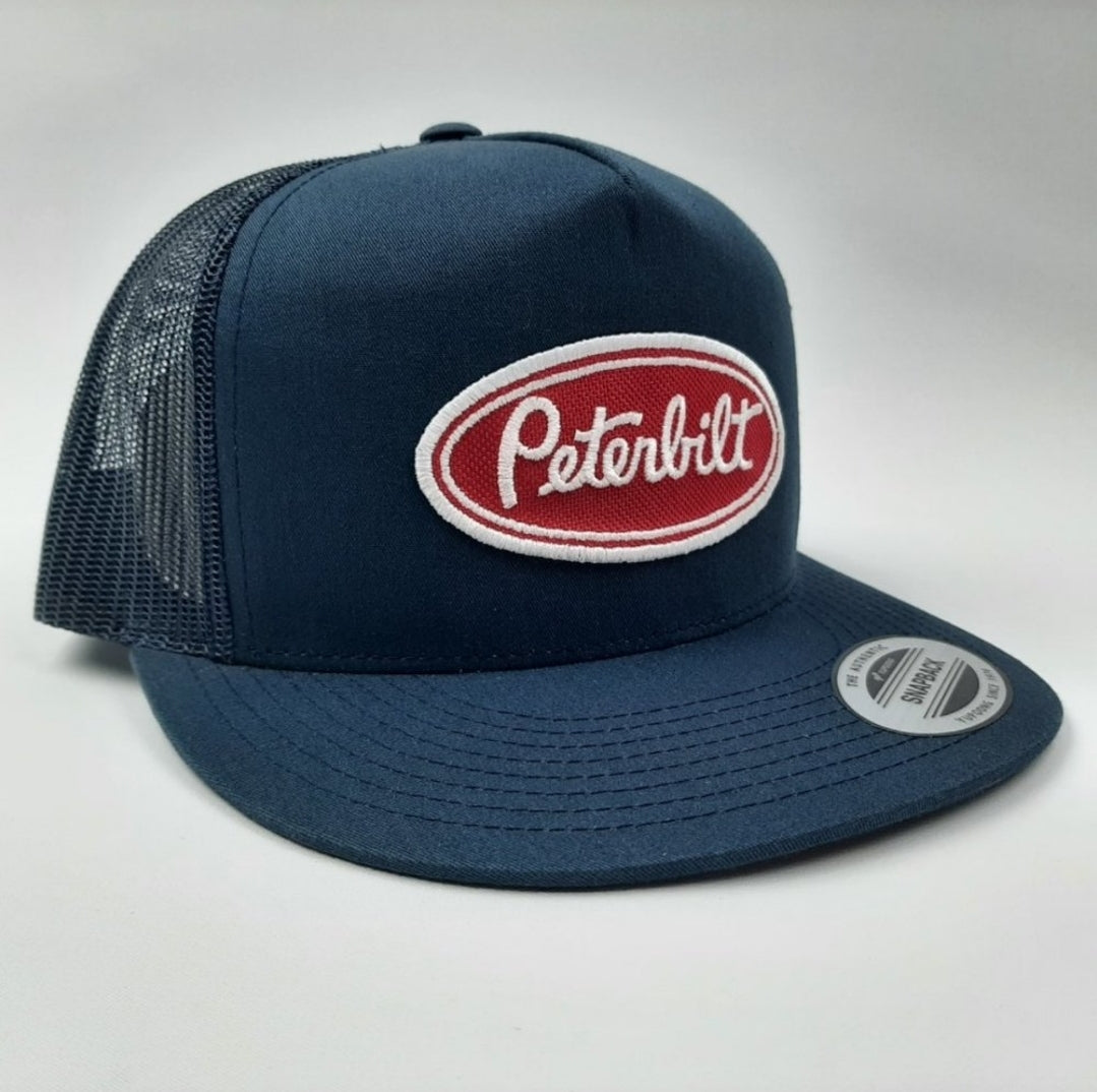 Peterbilt Patch Flat Bill Trucker Mesh Snapback Hat Cap Navy Blue