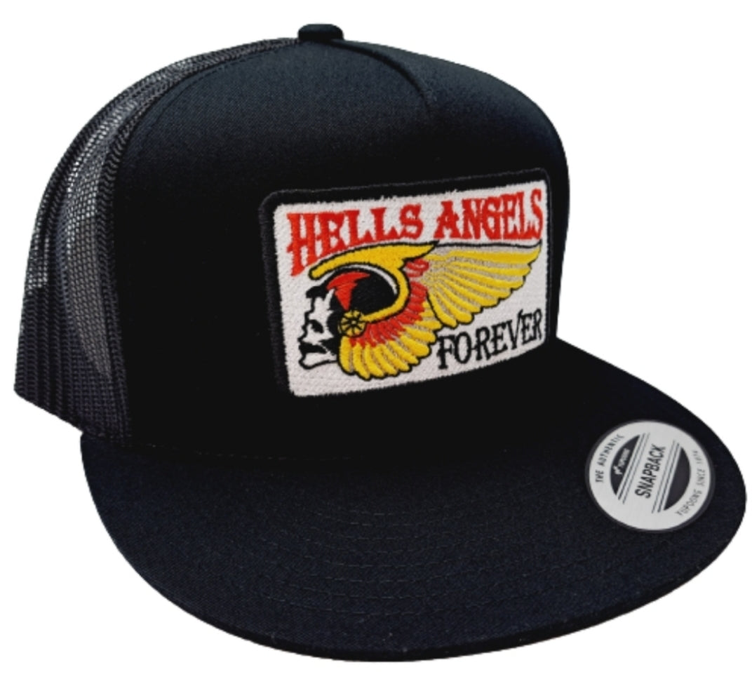 Hells Angels Forever Embroidered Patch Flat Bill Mesh Snapback Trucker Black