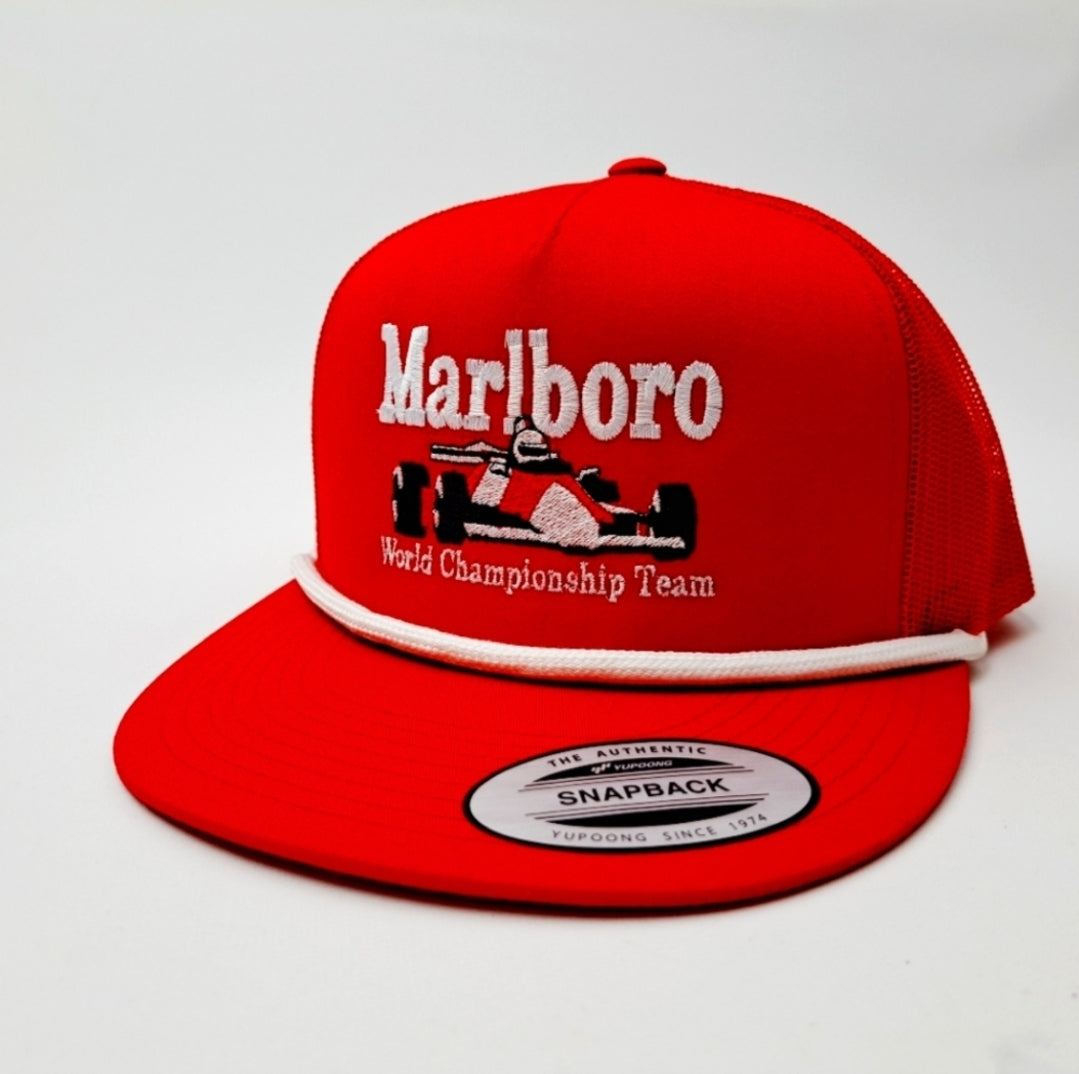 Marlboro Formula 1 Racing Embroidered Flat Bill Trucker Mesh Snapback Cap Hat Red
