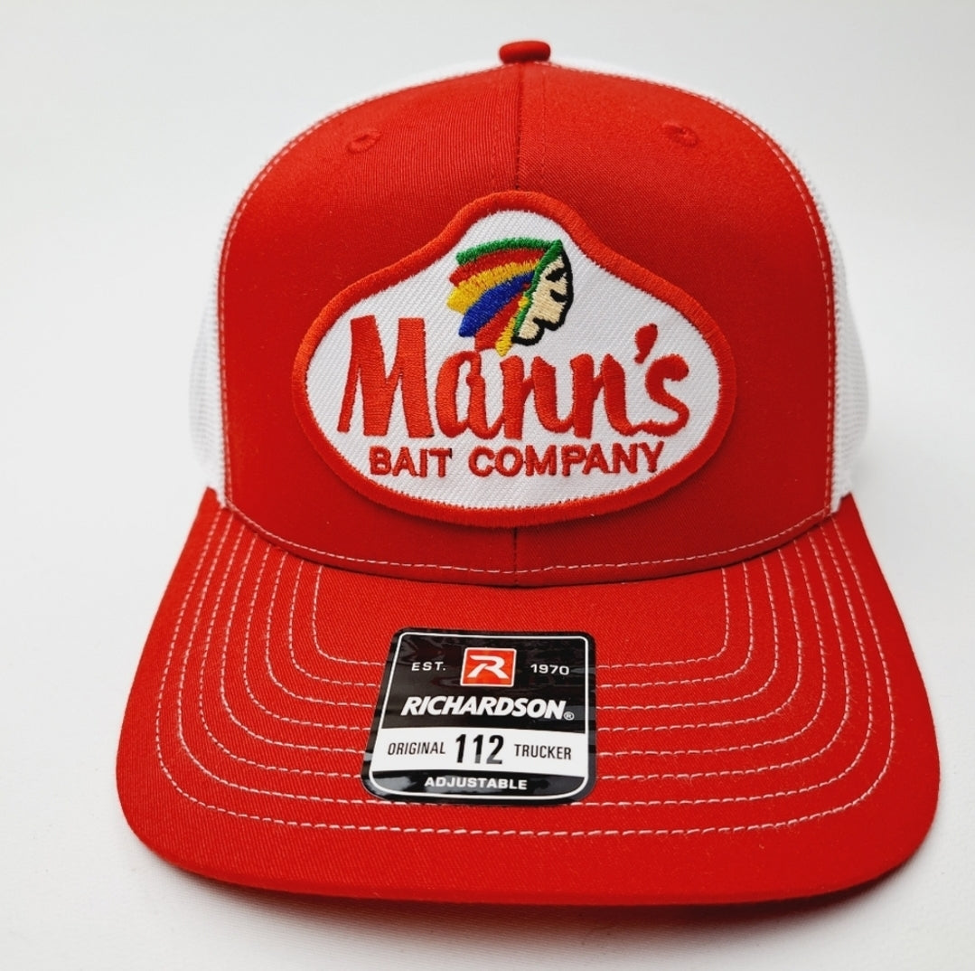 Mann's Bait Company Patch Richardson 112 Trucker Mesh Snapback Cap Hat Red & White