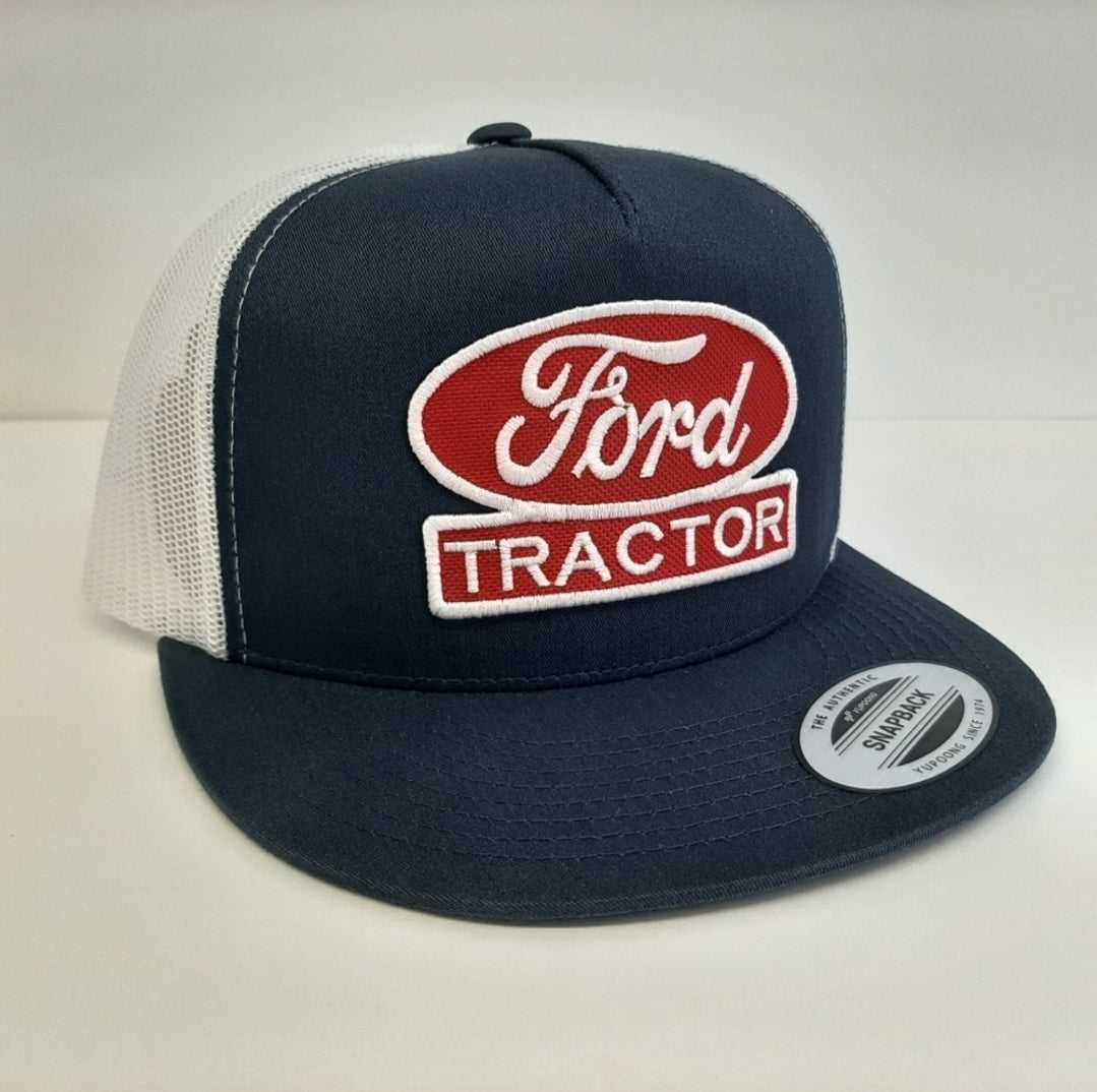 Ford Tractor Embroidered Patch Flat Bill Snapback Mesh Hat Cap Blue & White Yupoong