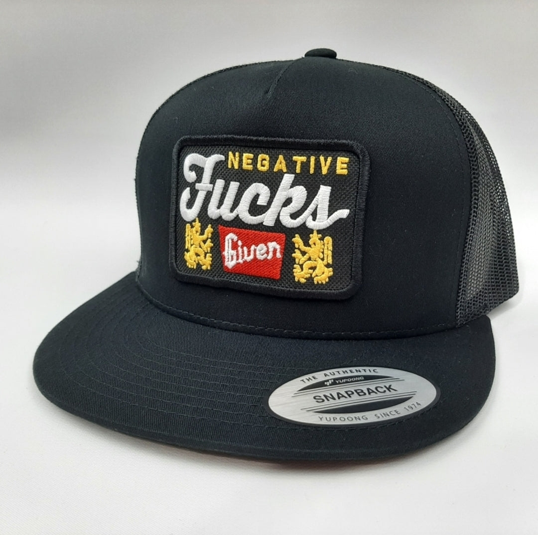 Negative Fucks Given Embroidered Patch Flat Bill Mesh Snapback Trucker Black