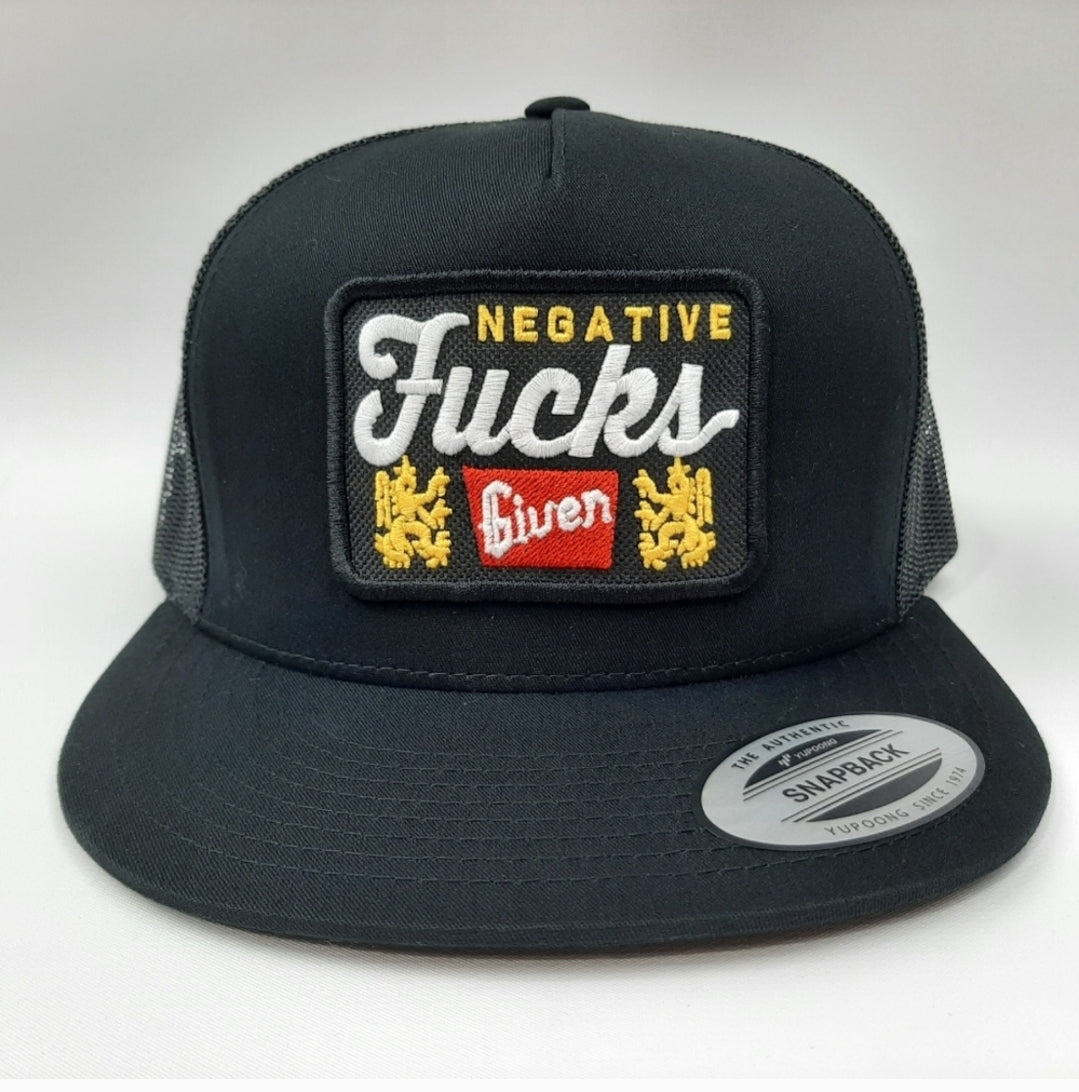 Negative Fucks Given Embroidered Patch Flat Bill Mesh Snapback Trucker Black