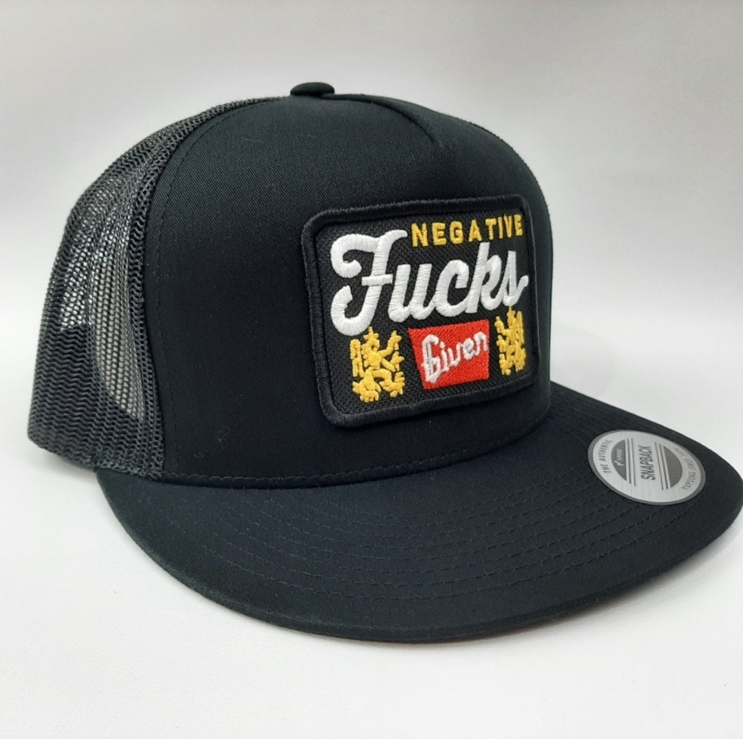 Negative Fucks Given Embroidered Patch Flat Bill Mesh Snapback Trucker Black