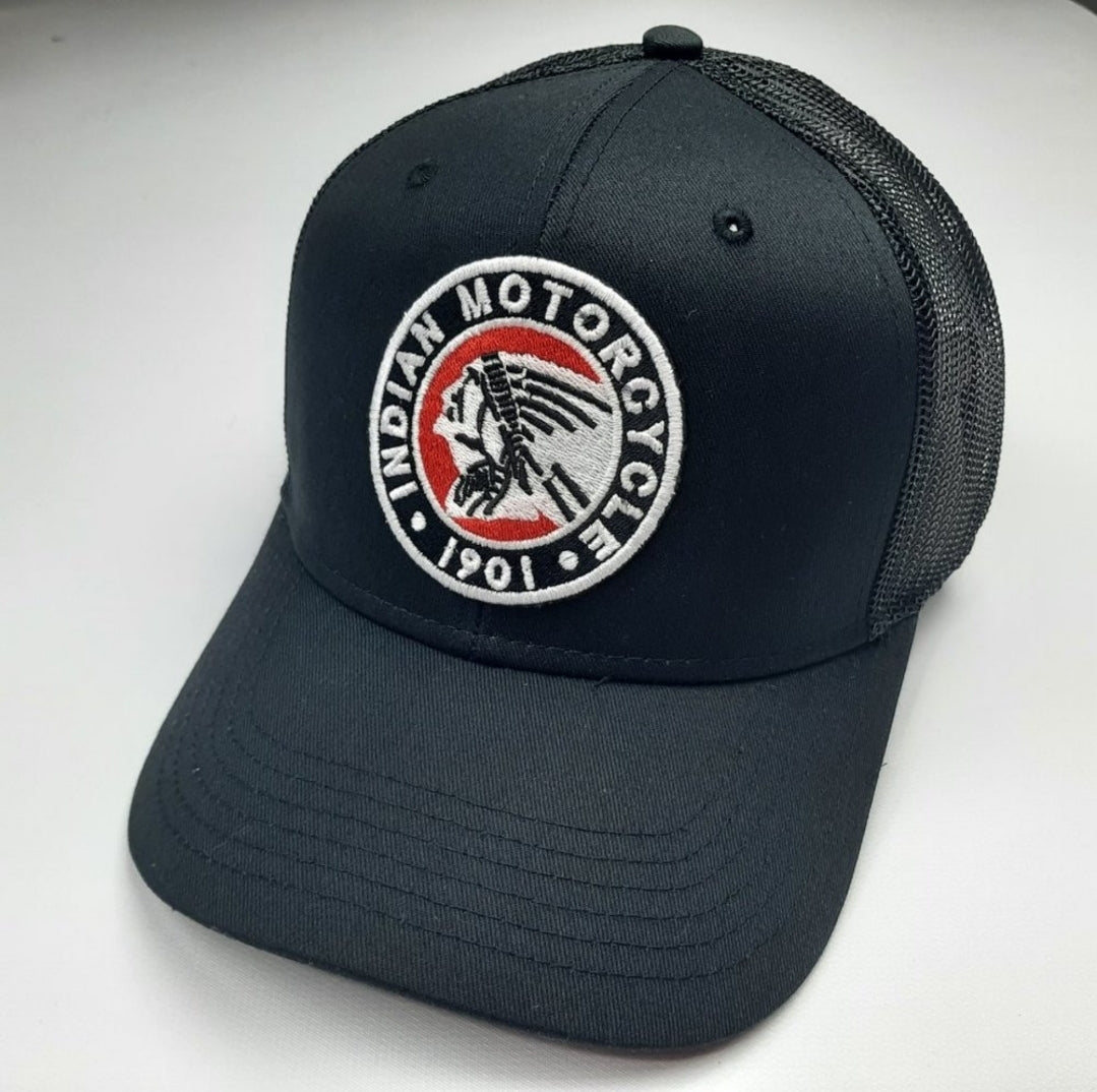 Indian Motorcycles Embroidered Patch Curved Bill Trucker Mesh Snapback Cap Hat Black Size XL