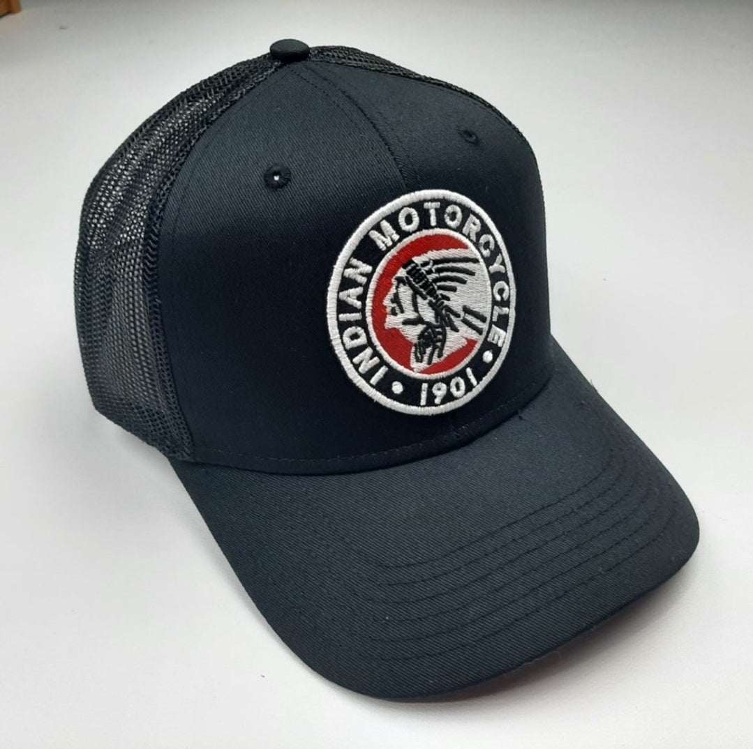 Indian Motorcycles Embroidered Patch Curved Bill Trucker Mesh Snapback Cap Hat Black Size XL