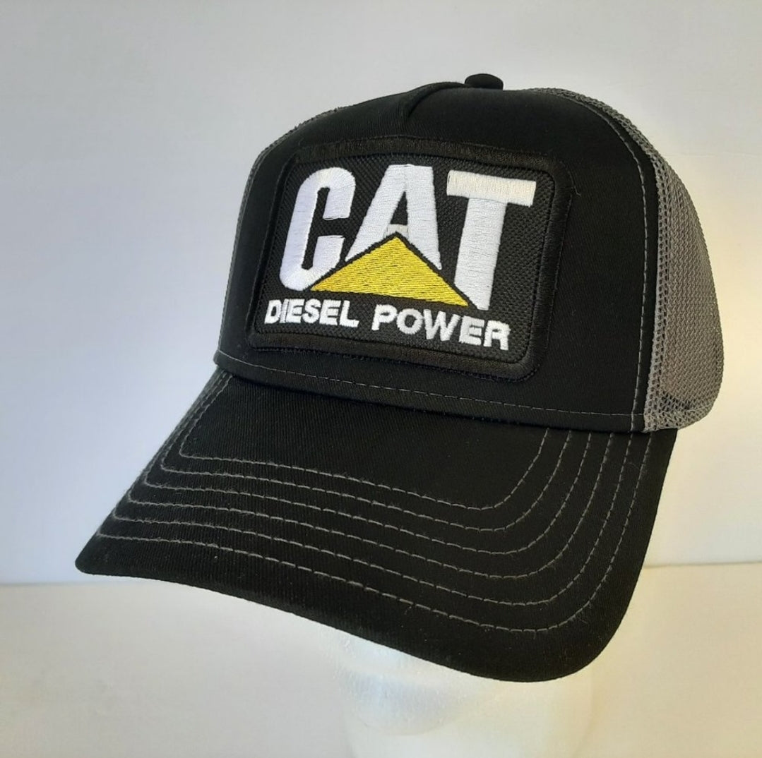 Cat Diesel Power Hat Embroidered Patch Gray Mesh Snapback Low Profile Cap Black & Gray