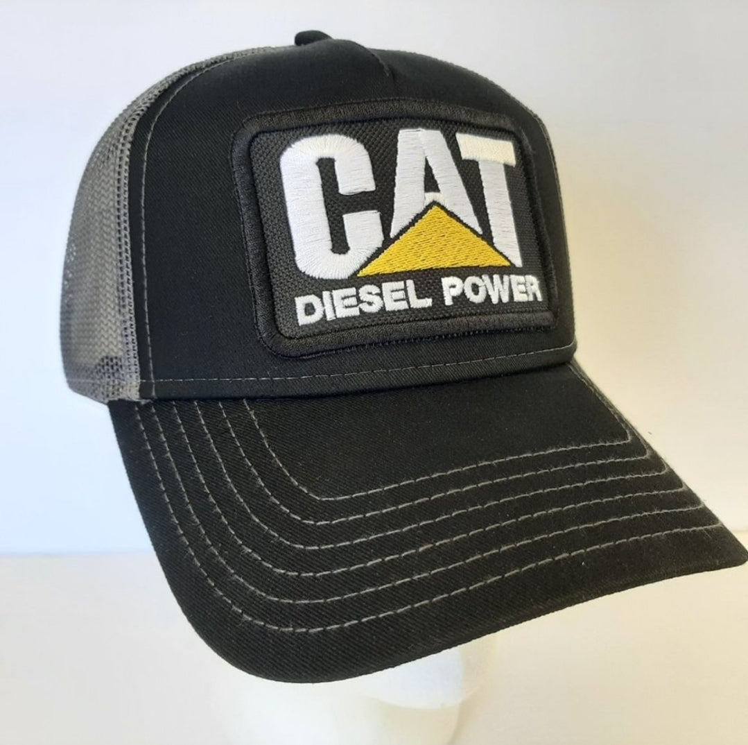 Cat Diesel Power Hat Embroidered Patch Gray Mesh Snapback Low Profile Cap Black & Gray