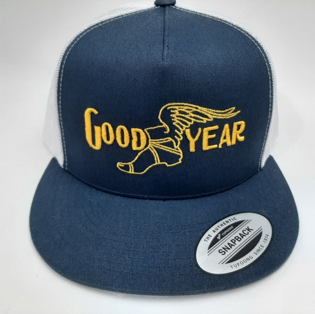 Good Year Tires Flat Bill Hat Cap Trucker Mesh Snapback BLue & White