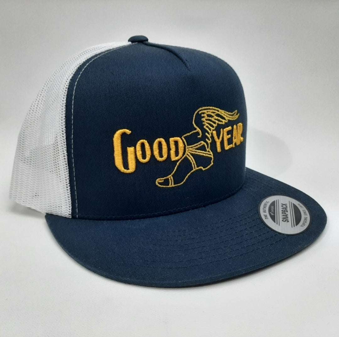 Good Year Tires Flat Bill Hat Cap Trucker Mesh Snapback BLue & White