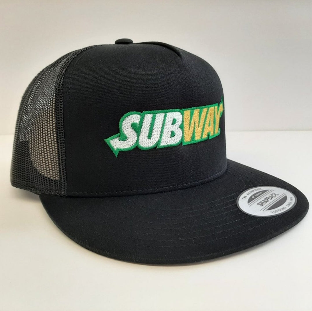 Subway Embroidered Flat Bill Trucker Mesh Snapback Cap Black