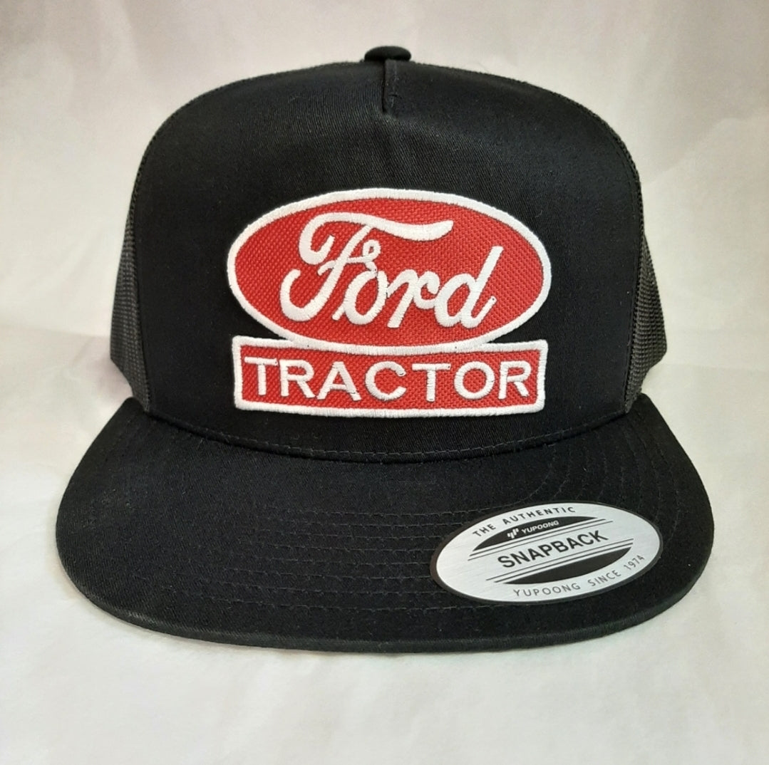 Ford Tractor Embroidered Patch Flat Bill Snapback Mesh Hat Cap Gray White Yupoong
