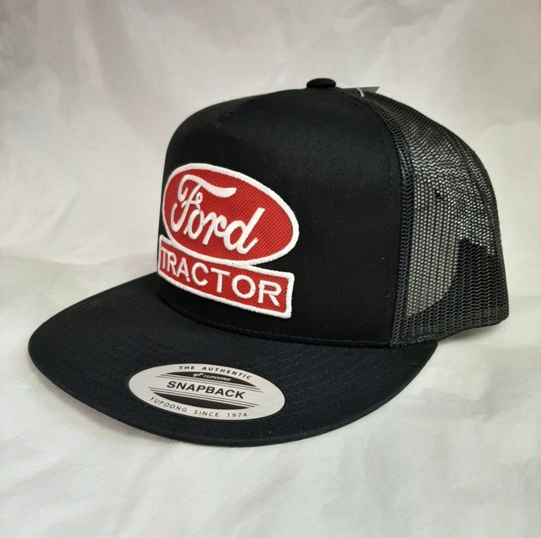 Ford Tractor Embroidered Patch Flat Bill Snapback Mesh Hat Cap Gray White Yupoong