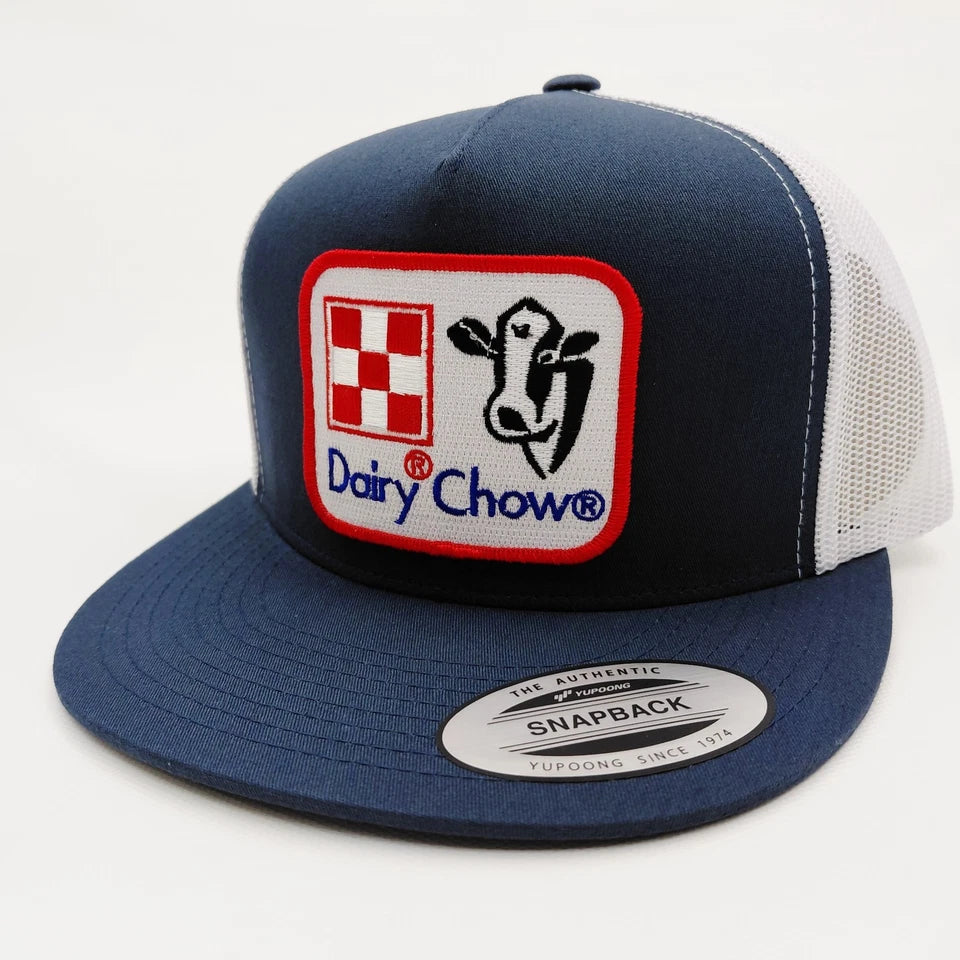 Dairy Chow Cattleman Rancher Hat Embroidered Patch Flat Bill Mesh Snapback Cap