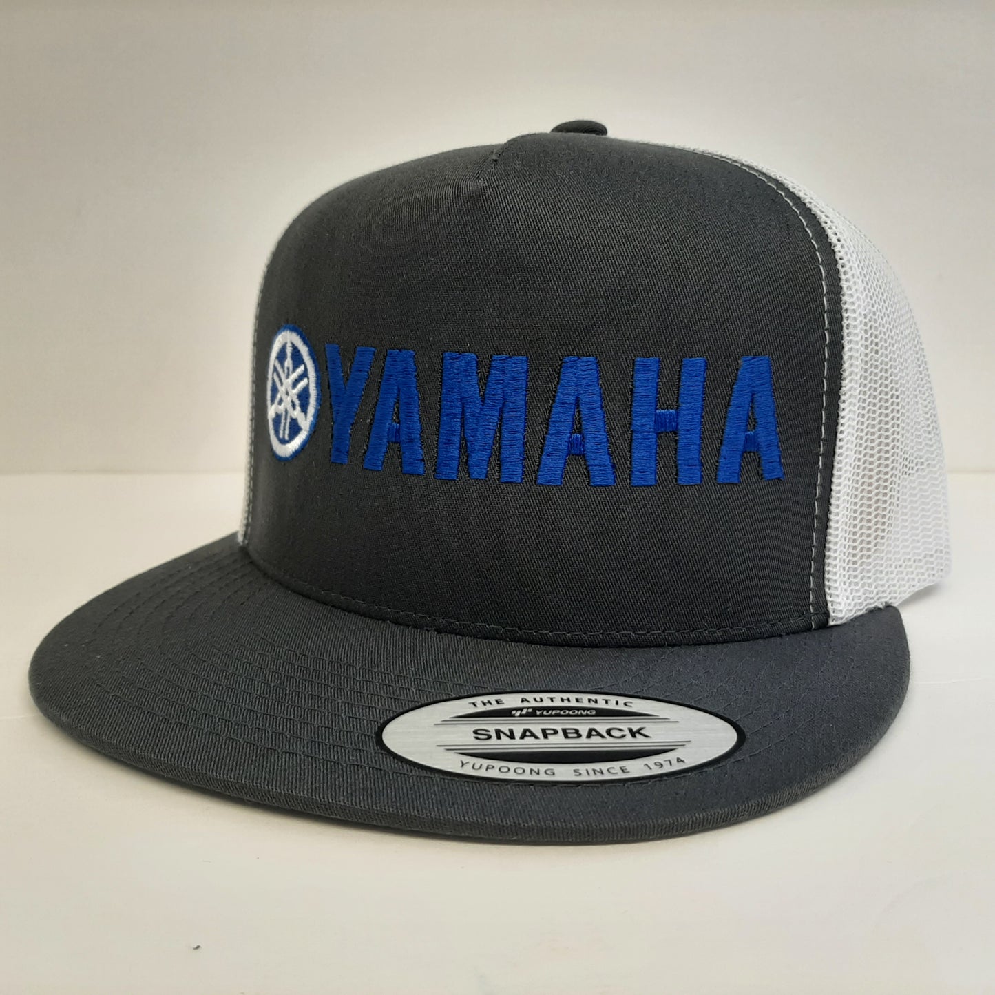 Yamaha Flat Bill Yupoong Mesh Snapback Hat Gray/White Direct Embroidered