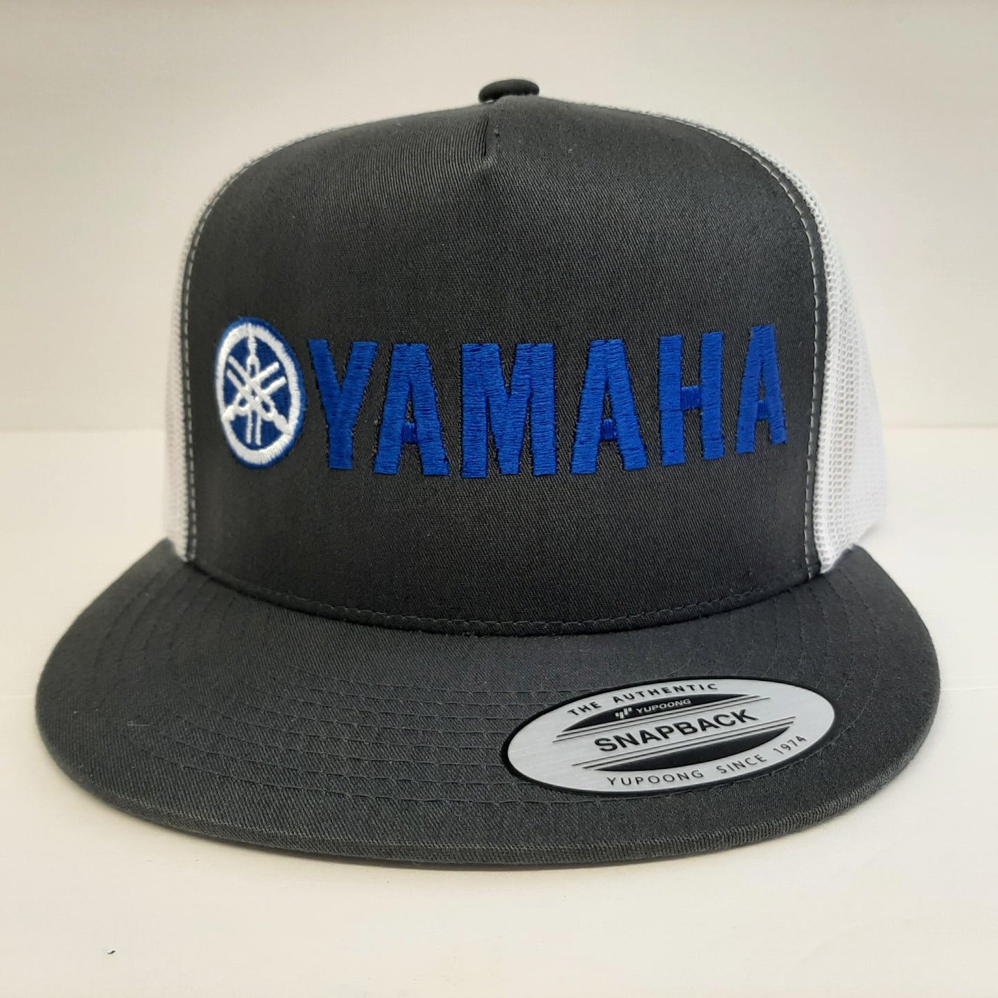 Yamaha Flat Bill Yupoong Mesh Snapback Hat Gray/White Direct Embroidered