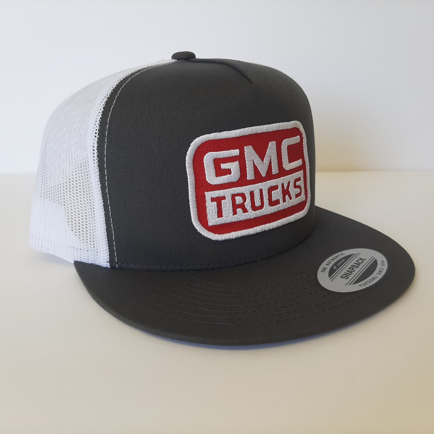 GMC Trucks Embroidered Patch Flat Bill Snapback Mesh Hat Cap White & Gray Yupoong