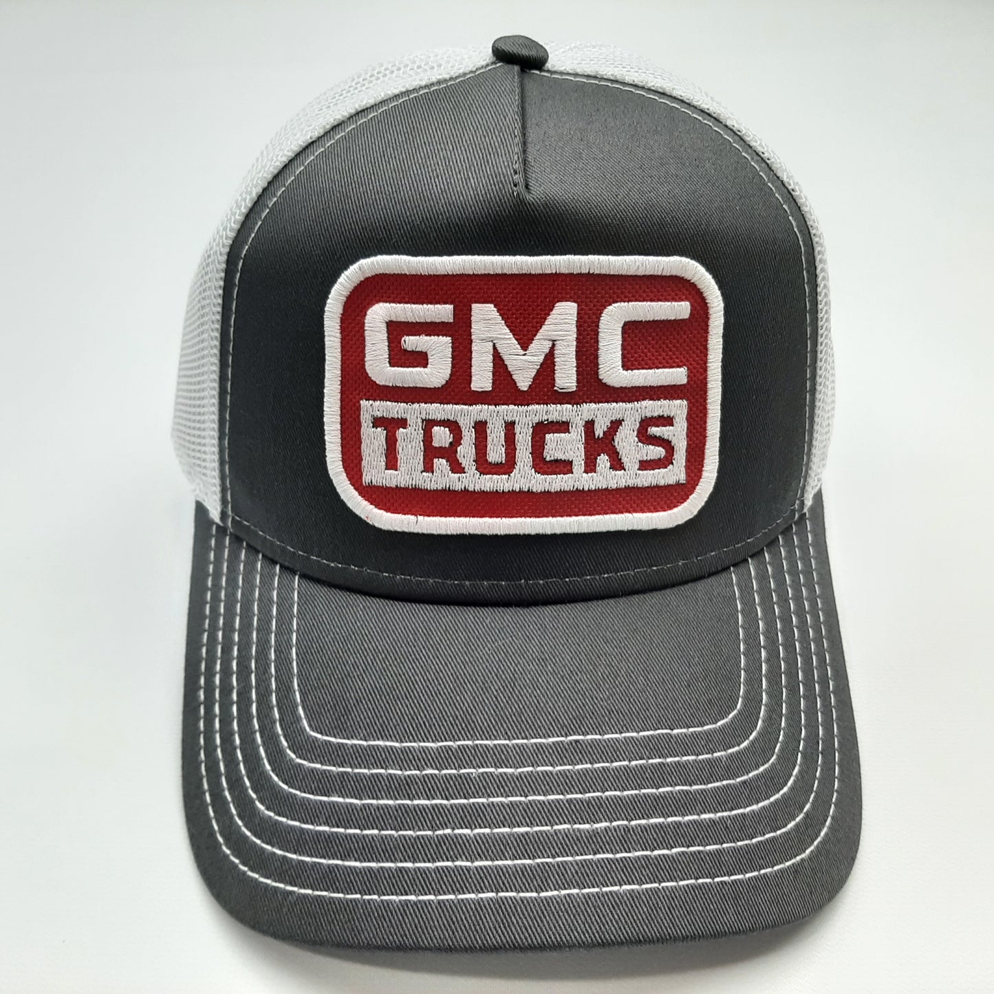 GMC Trucks Embroidered Patch Curved Bill Snapback Mesh Hat Cap White & Gray Otto