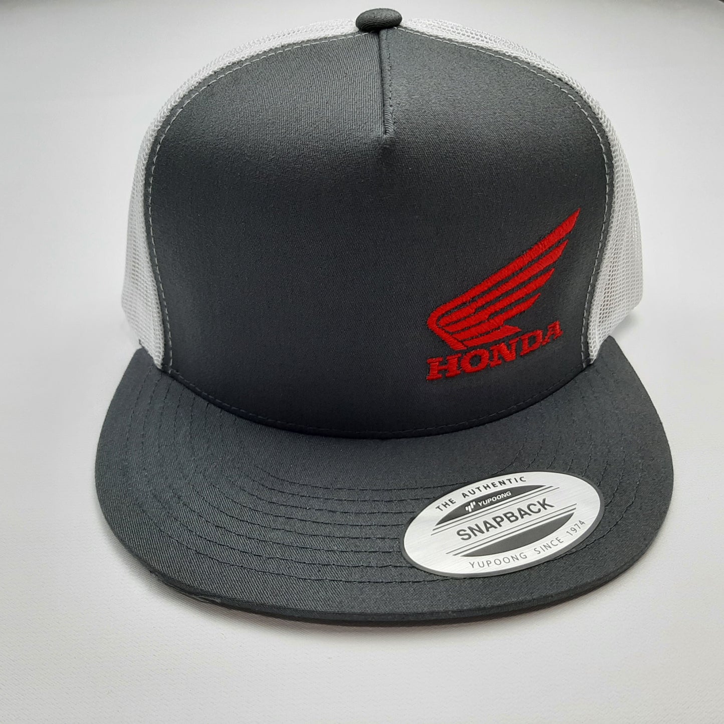 Honda Motorcycles Embroidered Patch Flat Bill Snapback Mesh Hat Cap White & Gray Yupoong