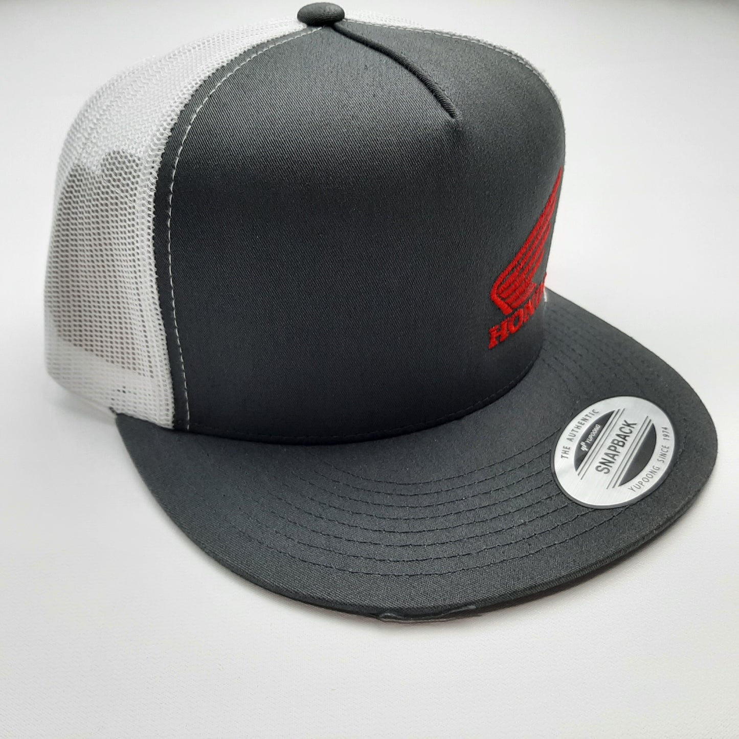 Honda Motorcycles Embroidered Patch Flat Bill Snapback Mesh Hat Cap White & Gray Yupoong