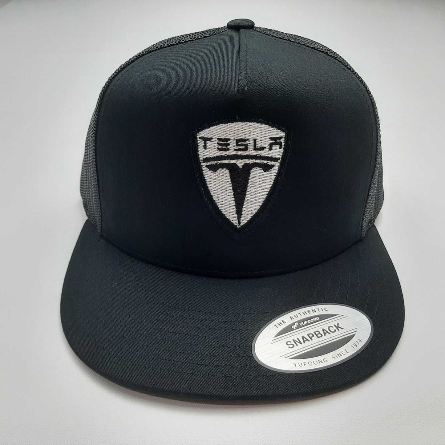 Tesla Embroidered Flat Bill Trucker Mesh Snapback Black