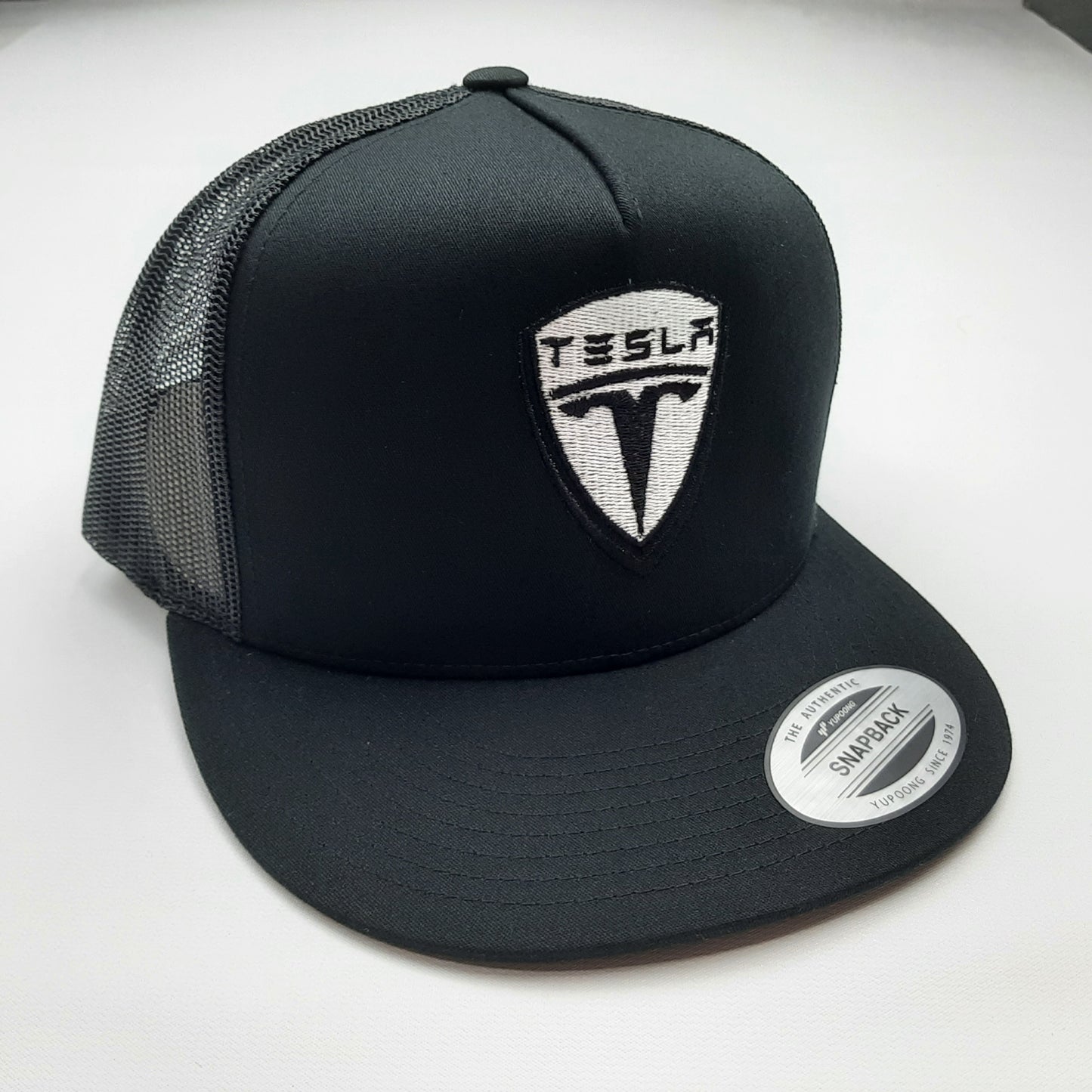 Tesla Embroidered Flat Bill Trucker Mesh Snapback Black