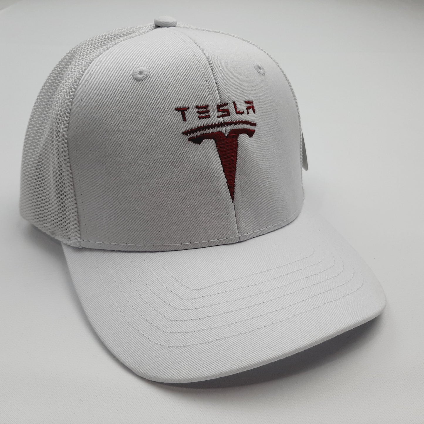 Tesla Embroidered Mesh Snapback Hat Cap White