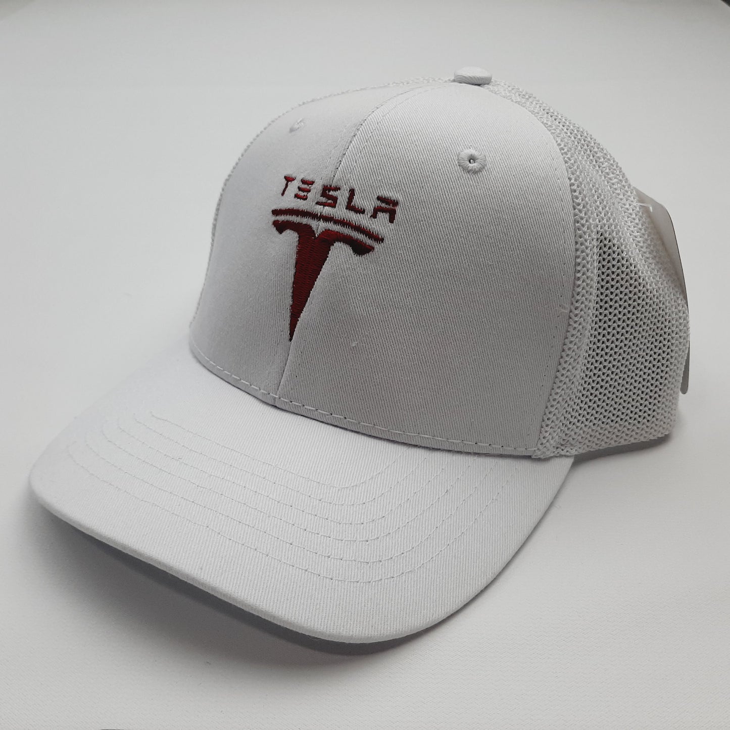 Tesla Embroidered Mesh Snapback Hat Cap White