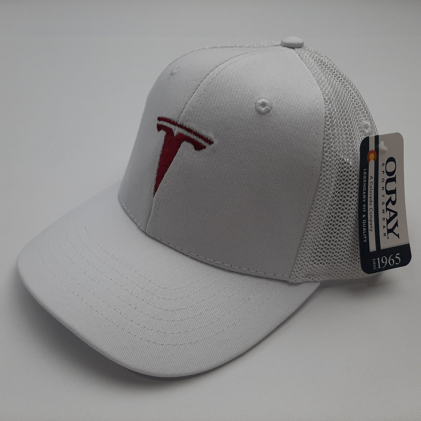 Tesla Embroidered Mesh Snapback Hat Cap White