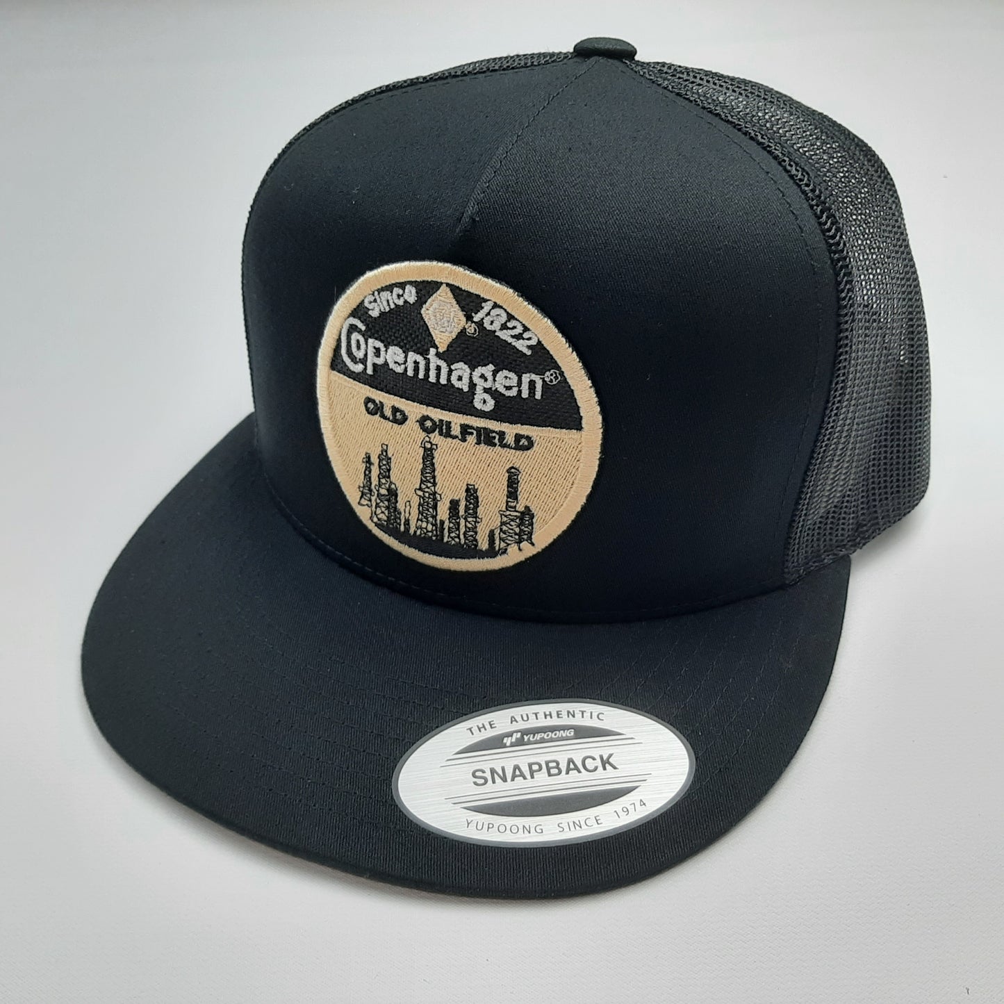 Copenhagen Old Oilfield Snuff Embroidered Patch Flat Bill Snapback Mesh Hat Cap Yupoong