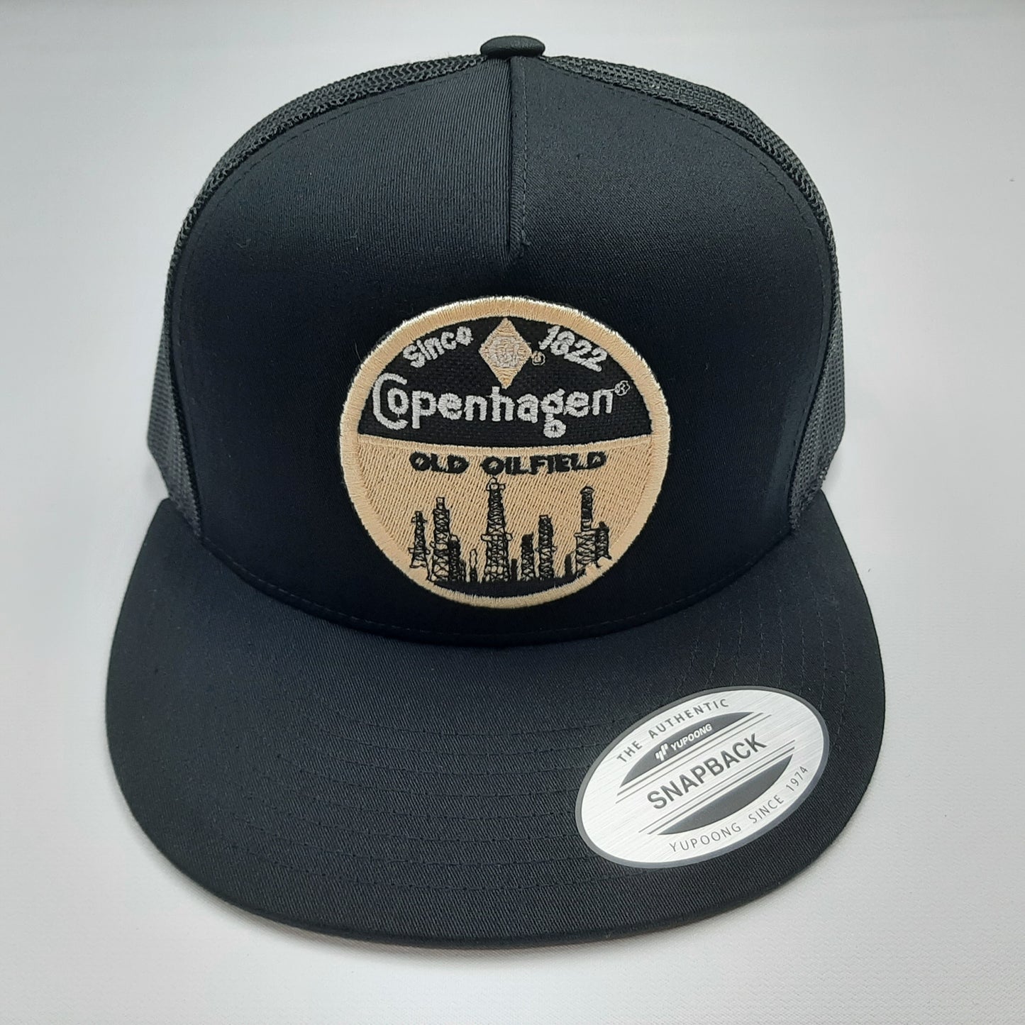 Copenhagen Old Oilfield Snuff Embroidered Patch Flat Bill Snapback Mesh Hat Cap Yupoong