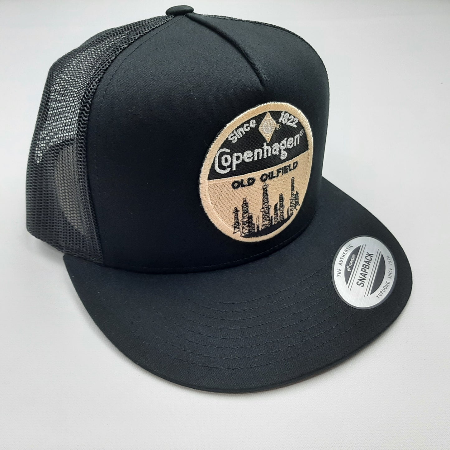 Copenhagen Old Oilfield Snuff Embroidered Patch Flat Bill Snapback Mesh Hat Cap Yupoong