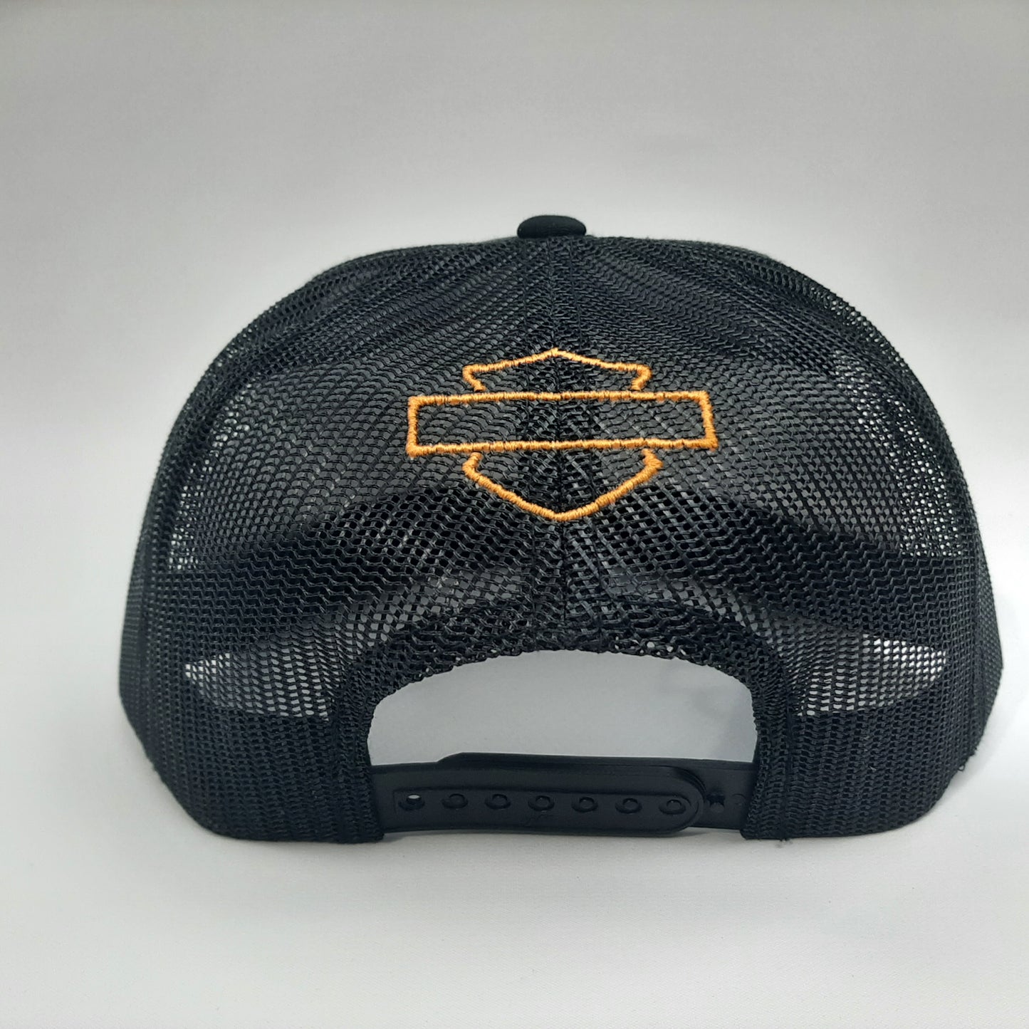 Harley Fucking Davidson Trucker Mesh Snapback Cap Hat Flat Brim Embroidered Cotton front panel polyester mesh panels Black