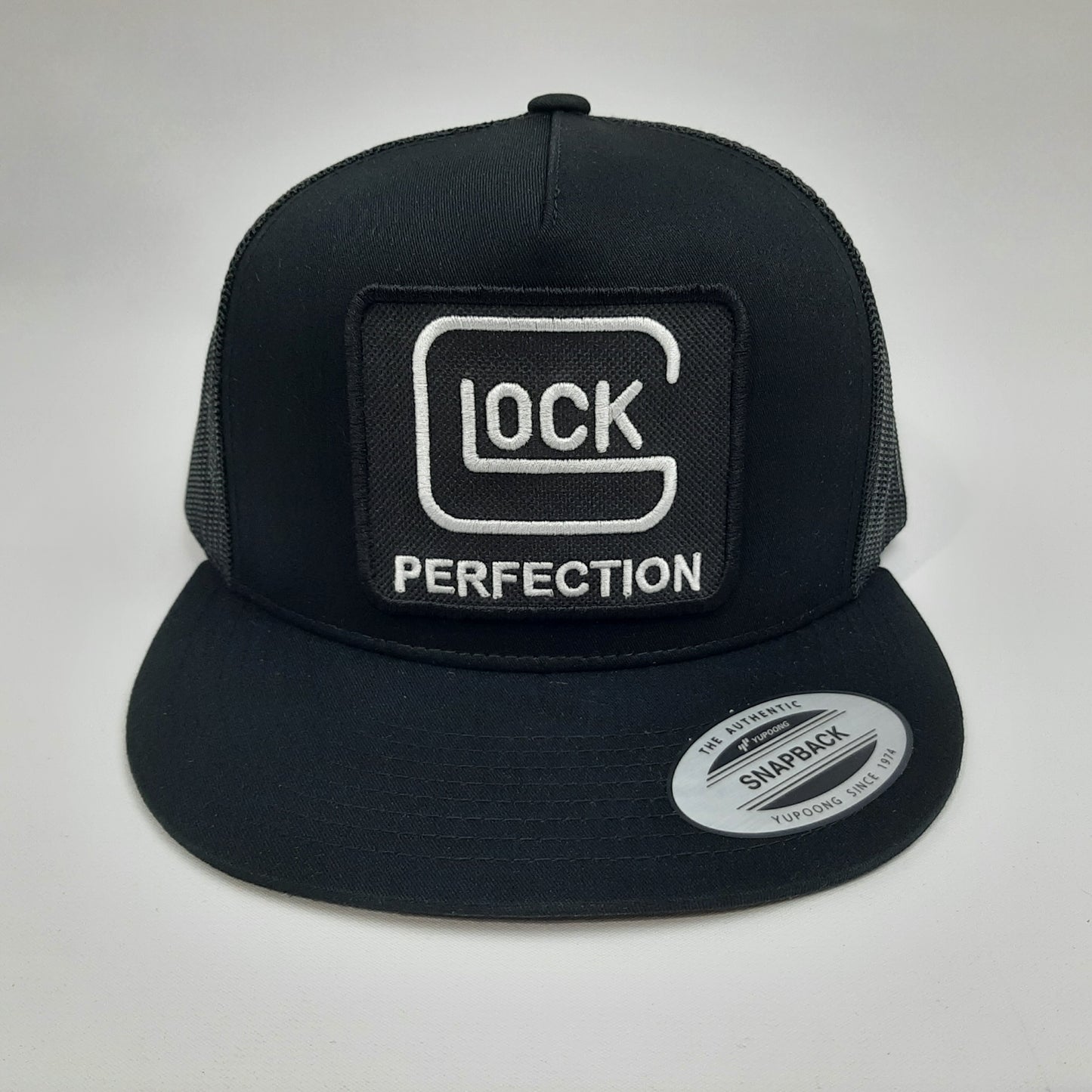 Glock Embroidered Patch Yupoong Baseball Cap Flat Bill Trucker Mesh Snapback Black