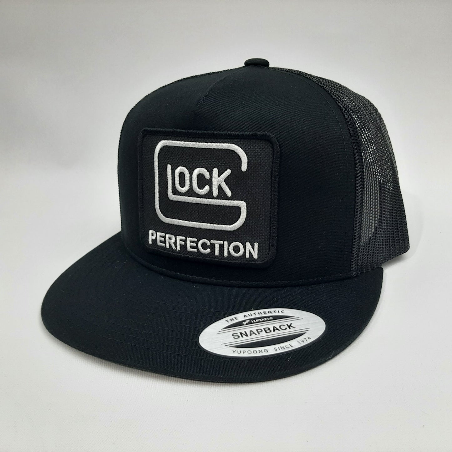 Glock Embroidered Patch Yupoong Baseball Cap Flat Bill Trucker Mesh Snapback Black