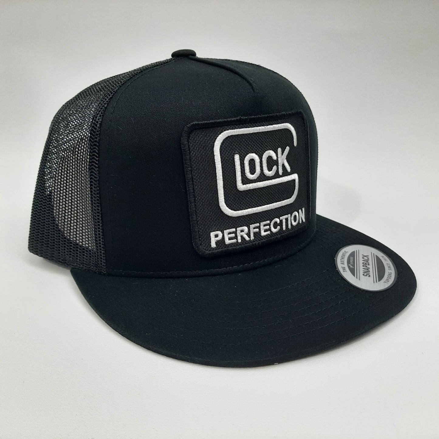 Glock Embroidered Patch Yupoong Baseball Cap Flat Bill Trucker Mesh Snapback Black