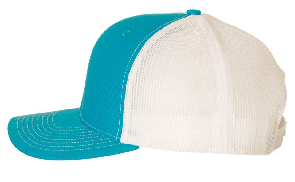 Richardson 112 Blank Low Profile Snapback Mesh Baseball Trucker Hat Cap Cyan Blue & White